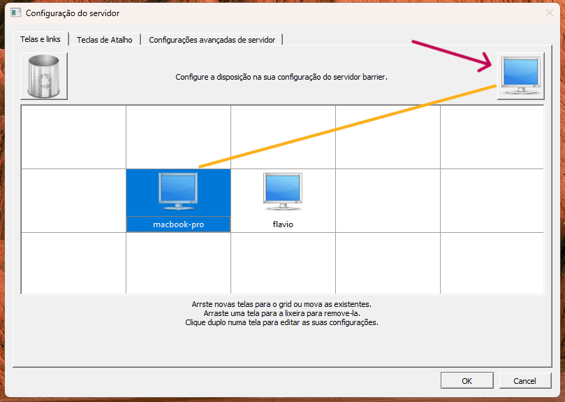 Tela de configuração do servidor Barrier com o macbook-pro arrastado para a posição esquerda do flavio