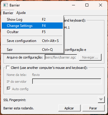 Menu Barrier aberto com Change Settings em destaque