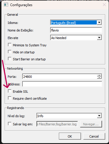 Janela de Configurações do Barrier com a opção Enable SSL desmarcada
