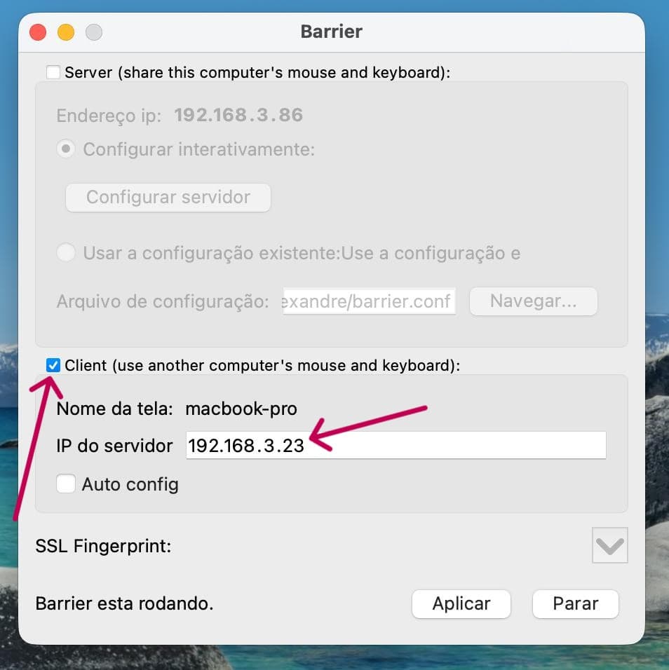 Tela do Barrier no macOS com Client marcado e IP 192.168.3.23 preenchido